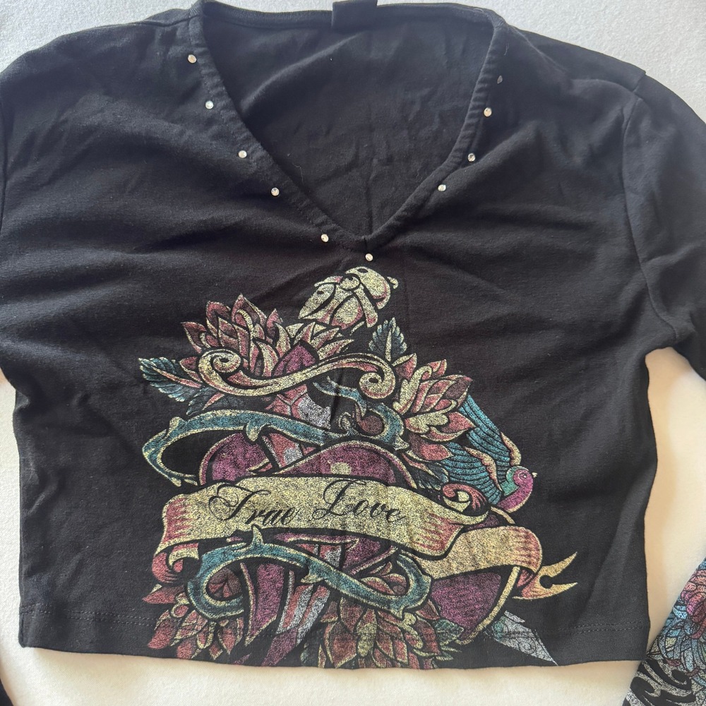 Urban Outfitters Tattoo Graphic Crop Top Size S Black V-Neck Y2K Rhinestone Goth - Picture 6 of 11
